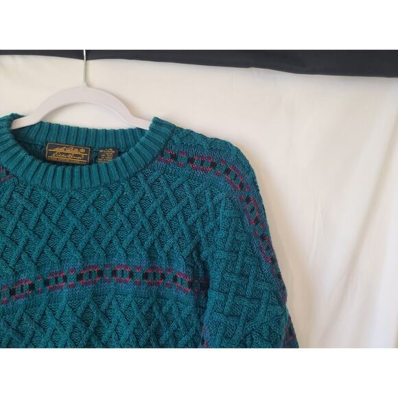 Vintage Eddie Bauer Men's Teal Purple Cable Knit Pullover Sweater Large Cotton - Picture 3 of 6